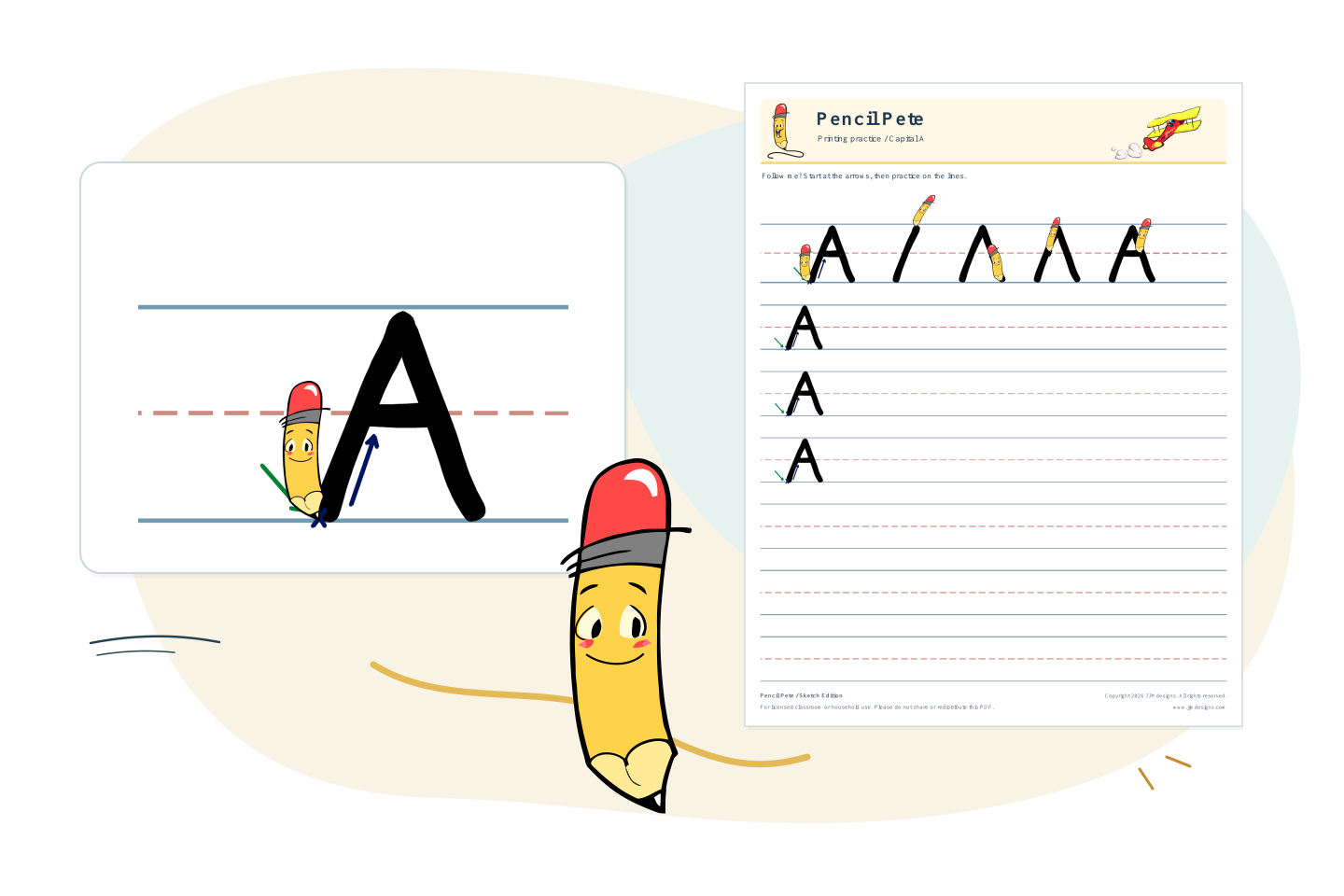 Pencil Pete beside a capital A letter model and its matching printing worksheet.