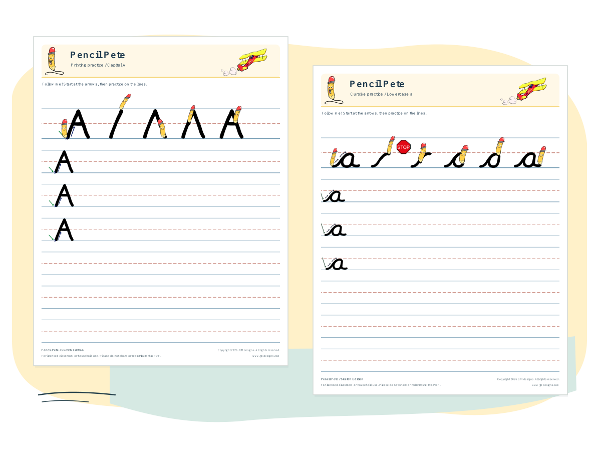 A printing capital A sample page beside a cursive lowercase a sample page, each with formation steps and practice lines.