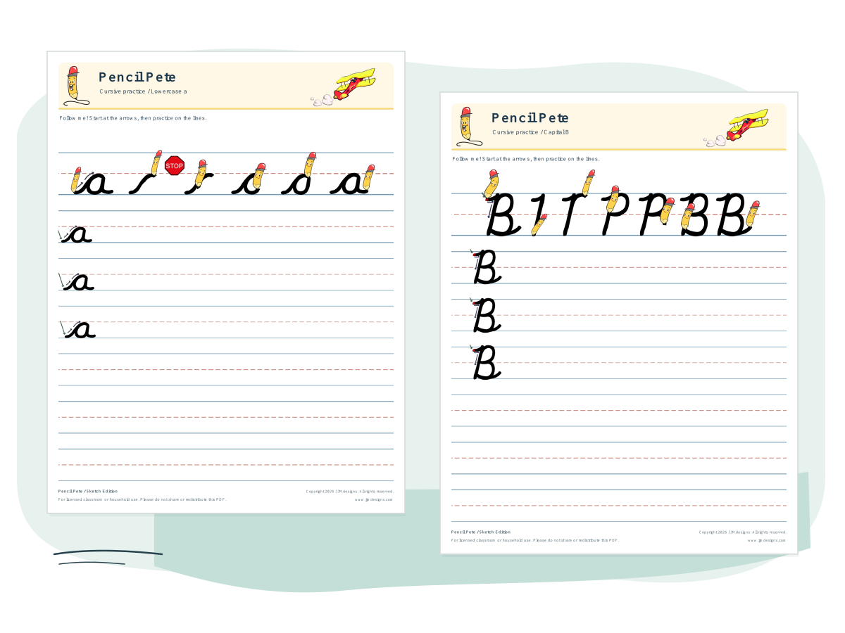 Two cursive sample pages showing lowercase a and capital B, formation steps and ruled practice space.