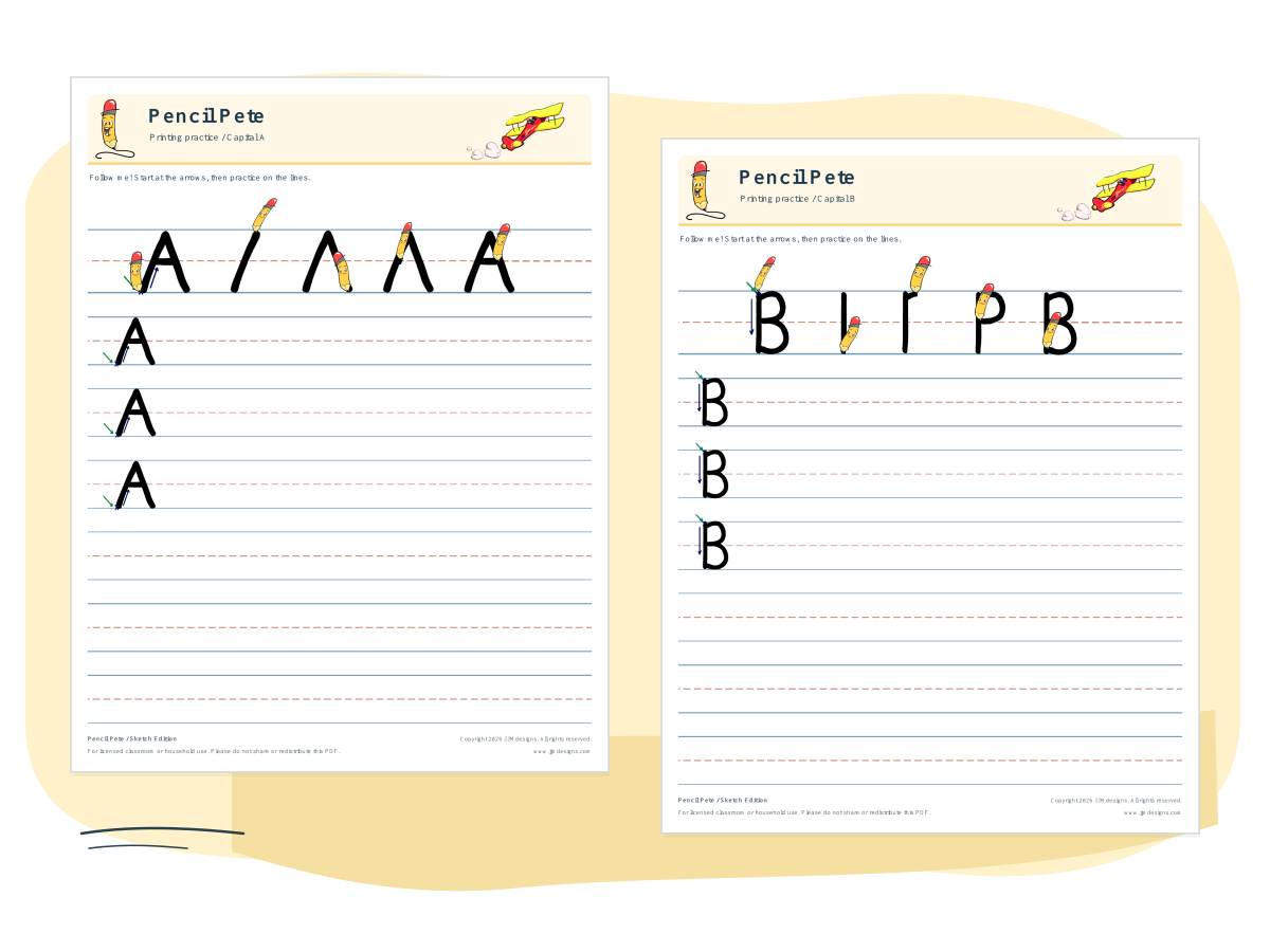 Two printing sample pages showing capital A and capital B, formation steps and ruled practice space.