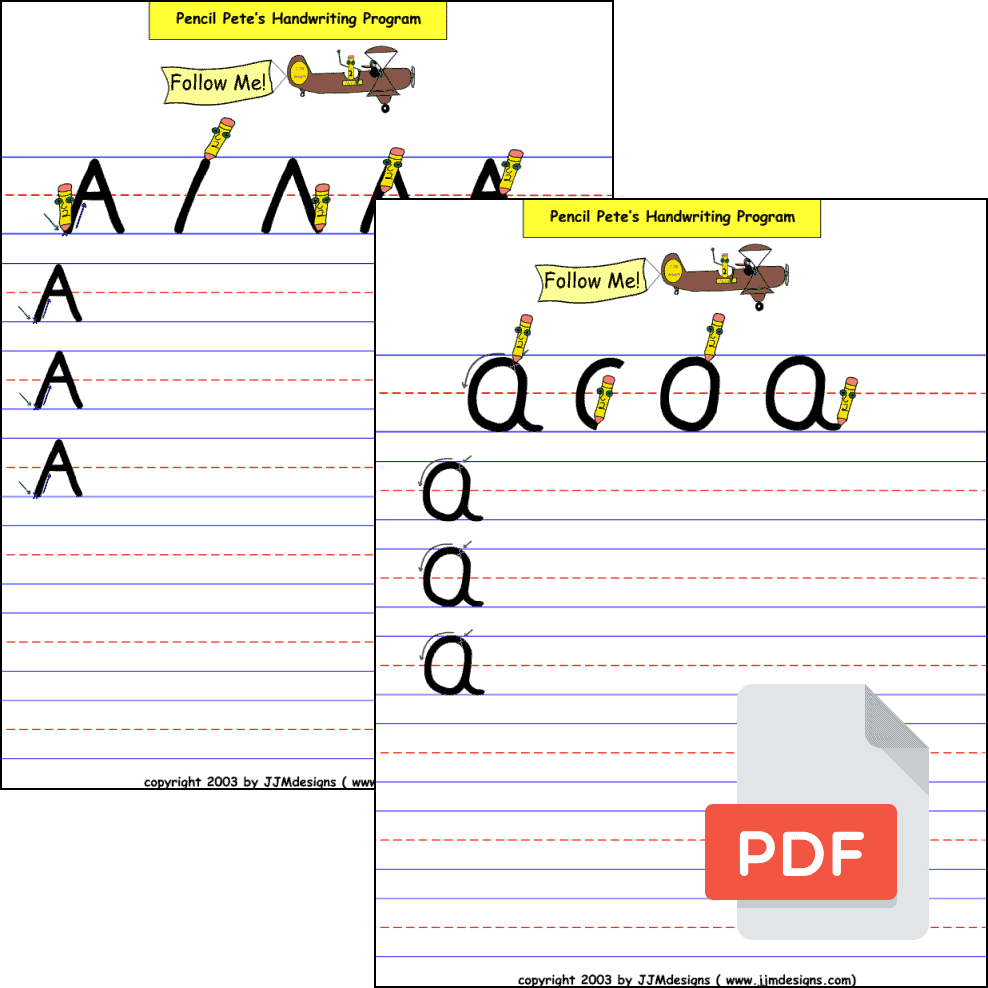 Pencil Pete Learn to Print and Cursive Practice Worksheets - PDF