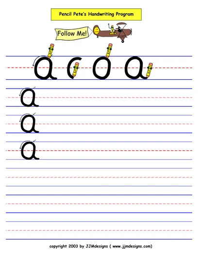 Cursive lowercase a worksheet from the free Pencil Pete sample, with formation steps and ruled practice lines