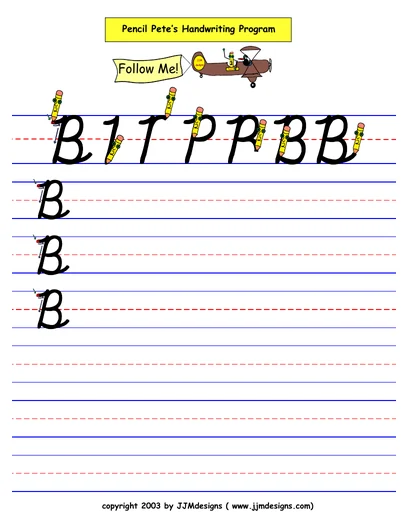 Cursive capital B worksheet from the free Pencil Pete sample, with formation steps and ruled practice lines