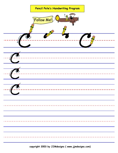 Cursive capital C worksheet from the free Pencil Pete sample, with formation steps and ruled practice lines