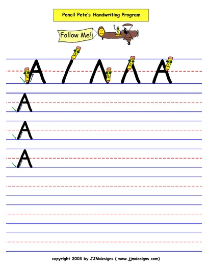 Printing capital A worksheet from the free Pencil Pete sample, with formation steps and ruled practice lines