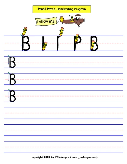 Printing capital B worksheet from the free Pencil Pete sample, with formation steps and ruled practice lines