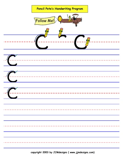 Printing capital C worksheet from the free Pencil Pete sample, with formation steps and ruled practice lines