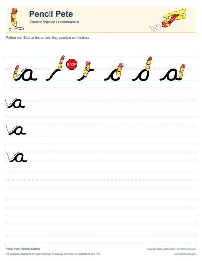 Cursive lowercase a worksheet from the free Pencil Pete sample, with formation steps and ruled practice lines