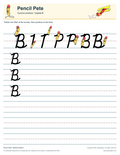 Cursive capital B worksheet from the free Pencil Pete sample, with formation steps and ruled practice lines
