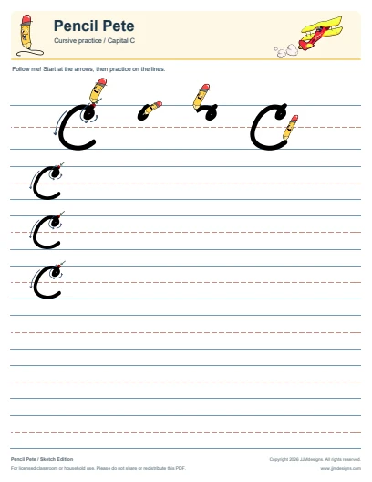Cursive capital C worksheet from the free Pencil Pete sample, with formation steps and ruled practice lines