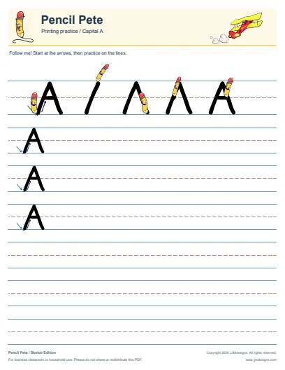 Printing capital A worksheet from the free Pencil Pete sample, with formation steps and ruled practice lines
