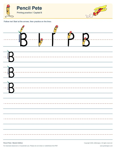 Printing capital B worksheet from the free Pencil Pete sample, with formation steps and ruled practice lines
