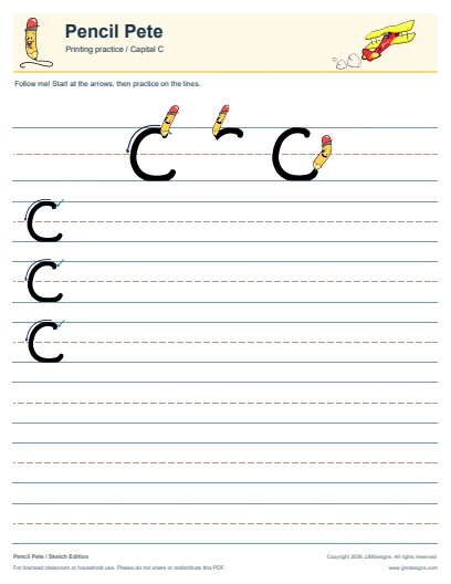 Printing capital C worksheet from the free Pencil Pete sample, with formation steps and ruled practice lines