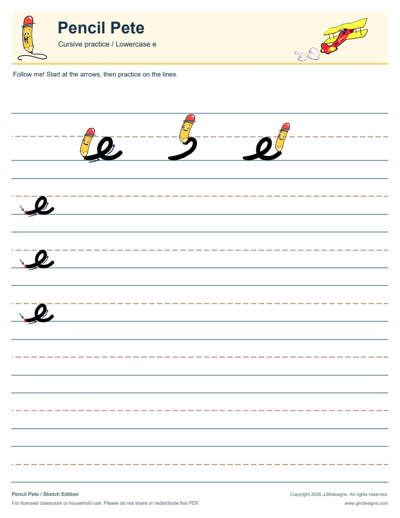 Cursive lowercase e - Pencil Pete Sketch Edition worksheet page