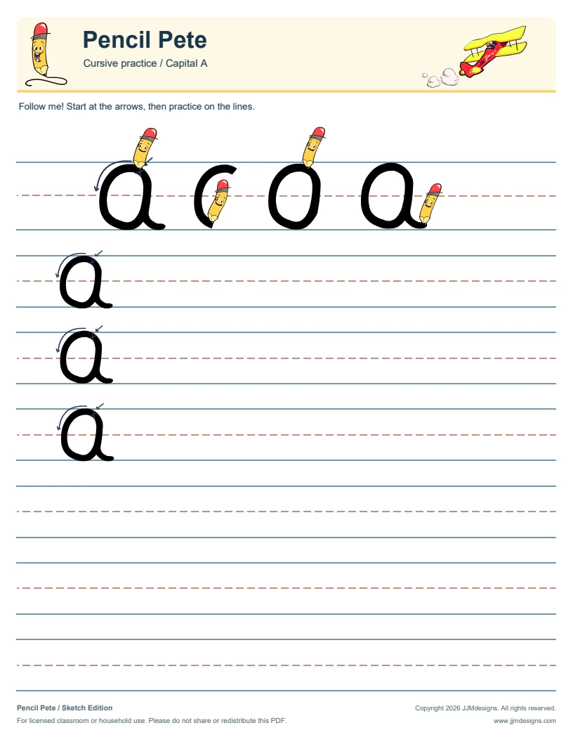 Cursive capital A - Pencil Pete Sketch Edition worksheet page