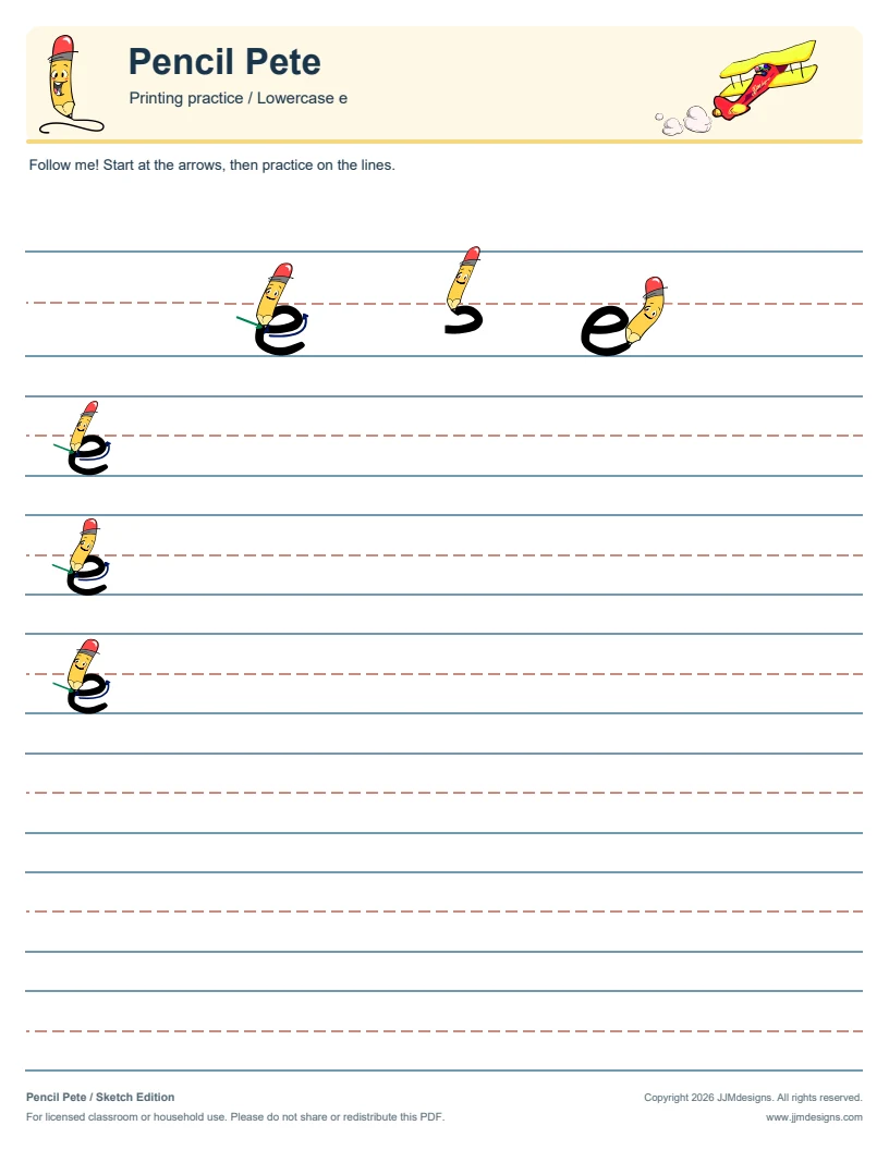 Printing lowercase e - Pencil Pete Sketch Edition worksheet page