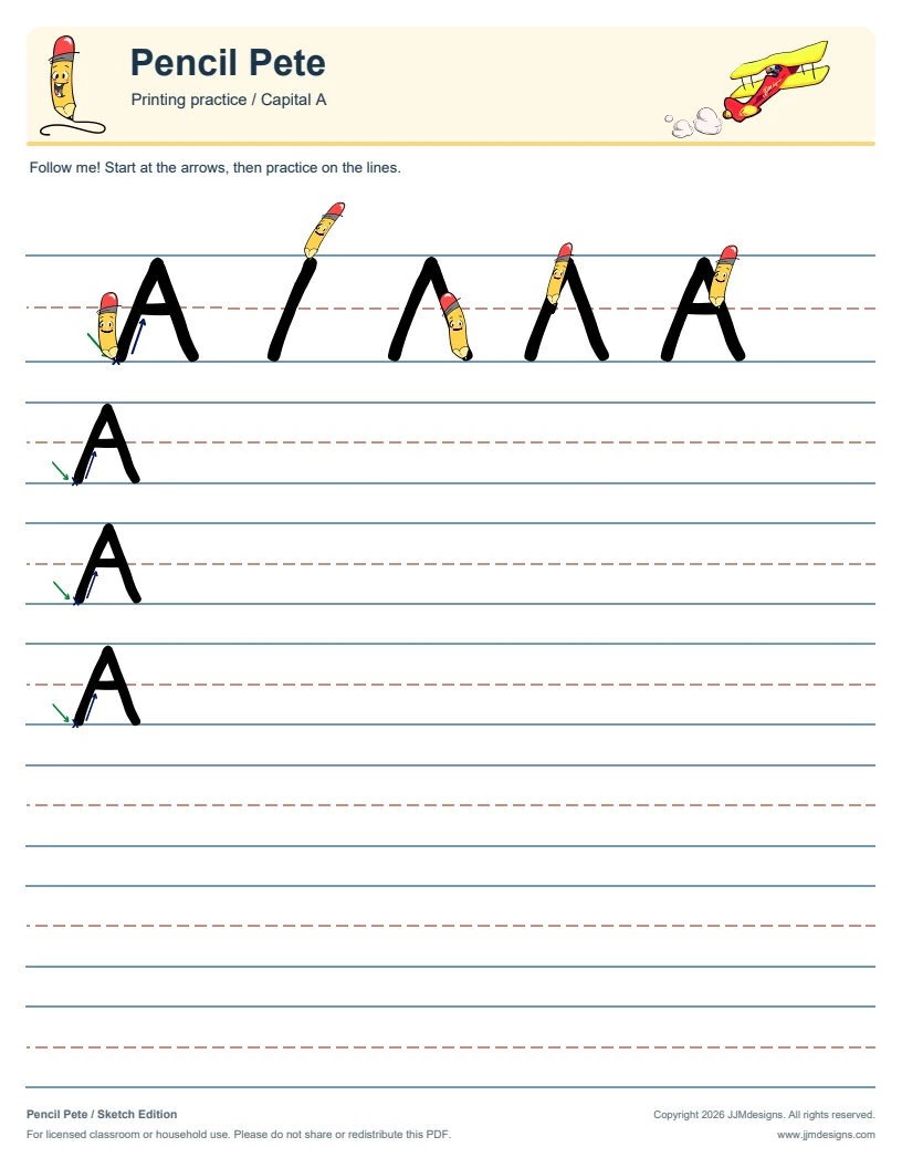 Printing capital A - Pencil Pete Sketch Edition worksheet page