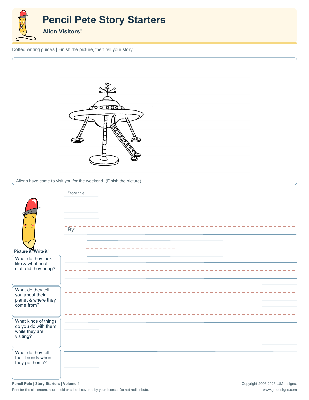 Alien Visitors story-starter sample with an unfinished picture, guiding questions, and writing lines